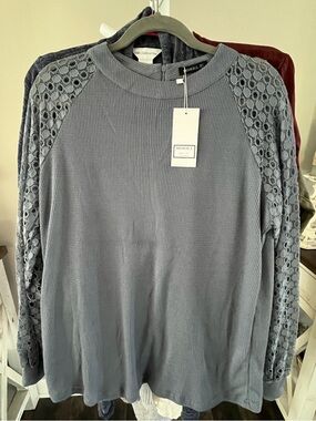 Slate Blue Ribbed Long-Sleeve Top with Lace Raglan Sleeves